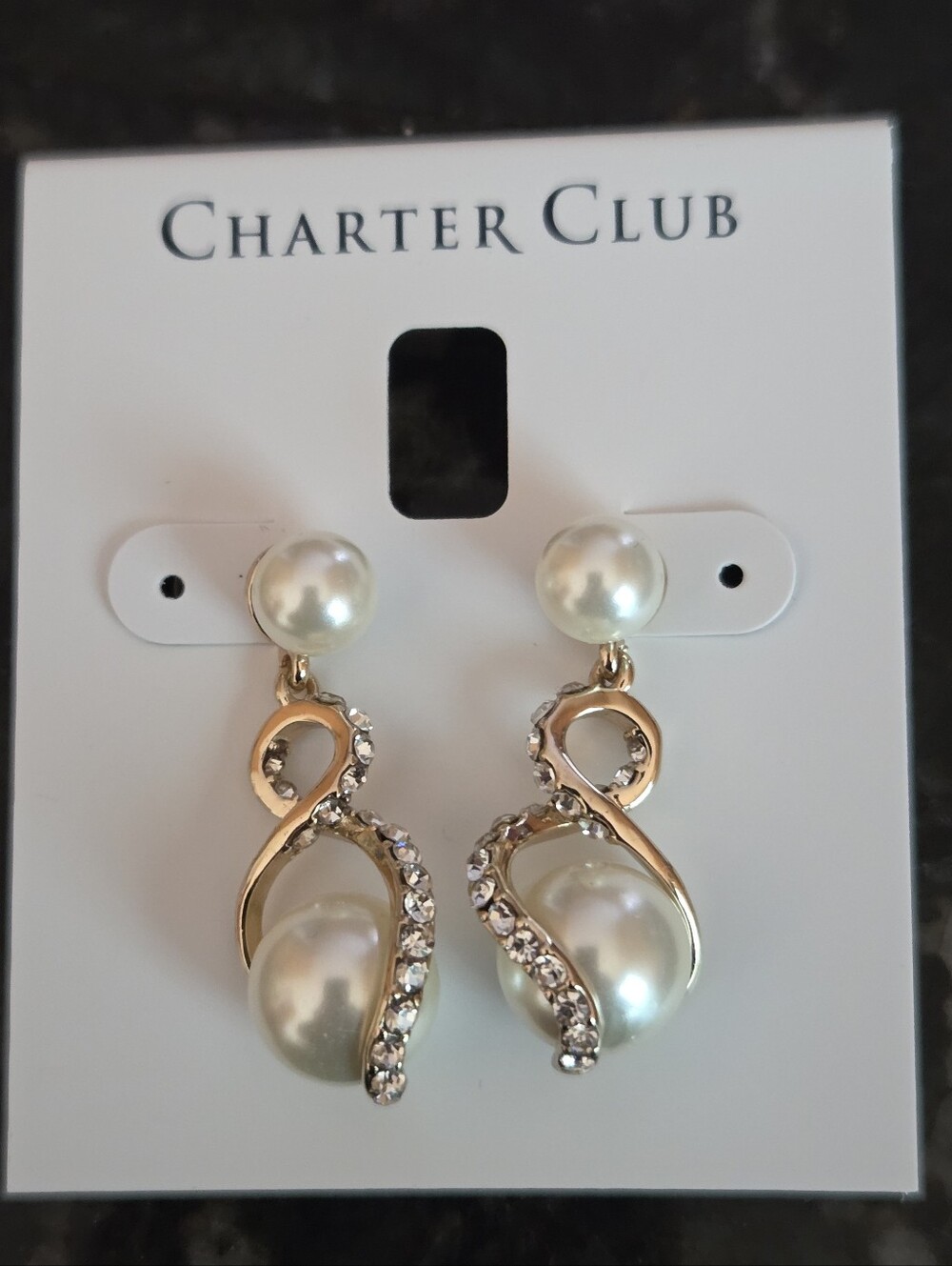 Charter Club Gold Pearl Rhinestone Infinity Swirl Dangle Earrings NWT
